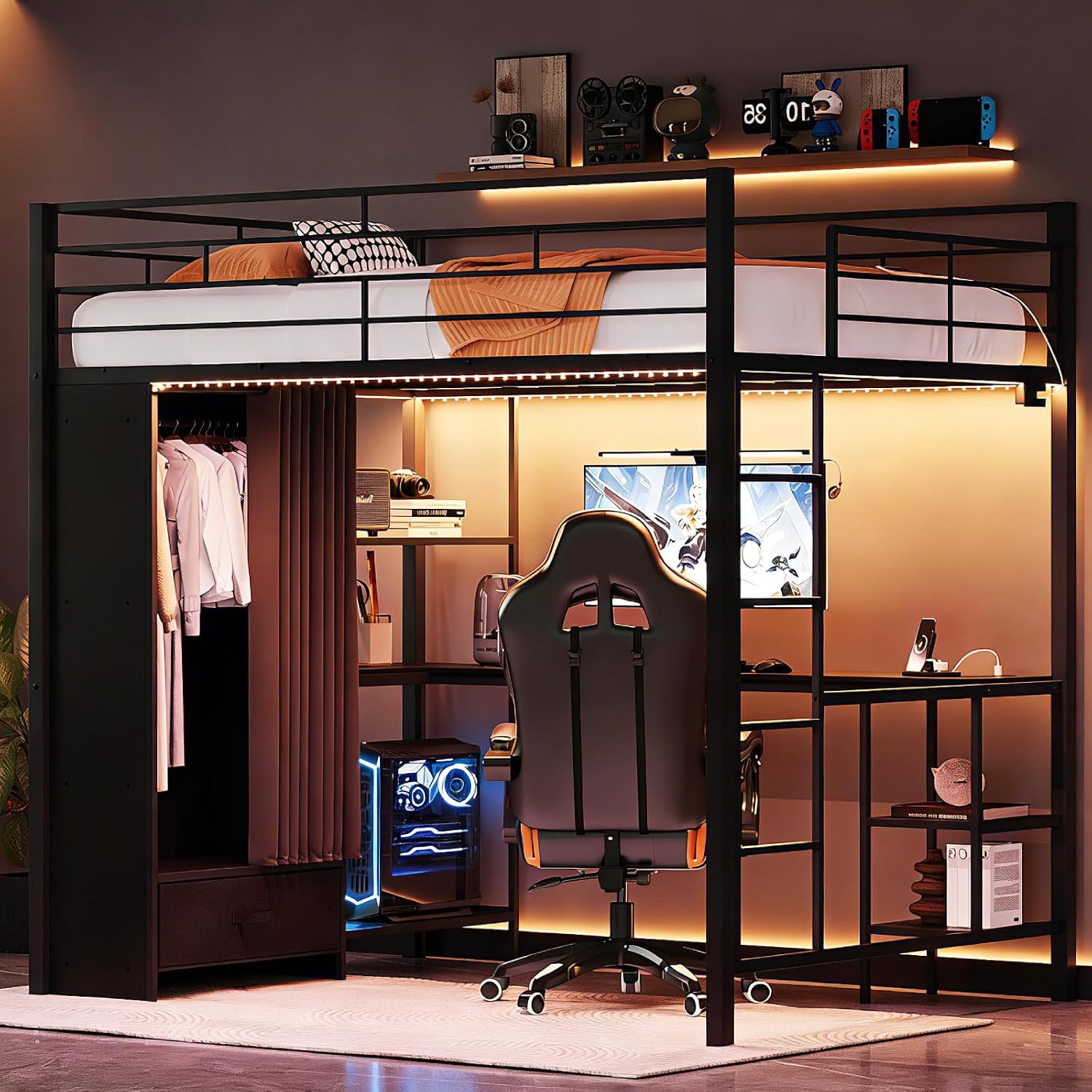 Desk Charging Station - Cama Loft Queen com Guarda-Roupa, Cortina,